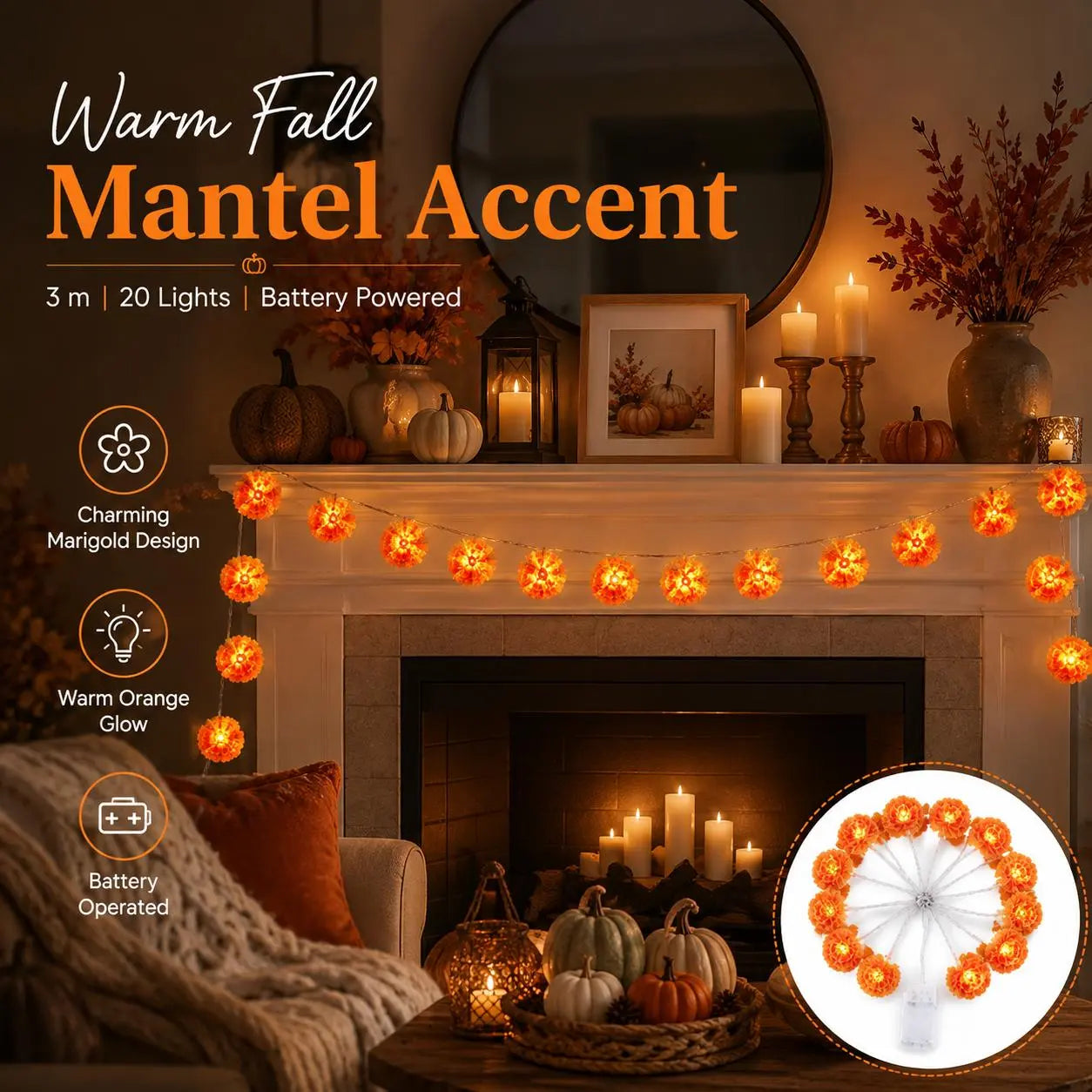 3M 20-LED Marigold String Lights for Ofrenda, Halloween & Fall Decor