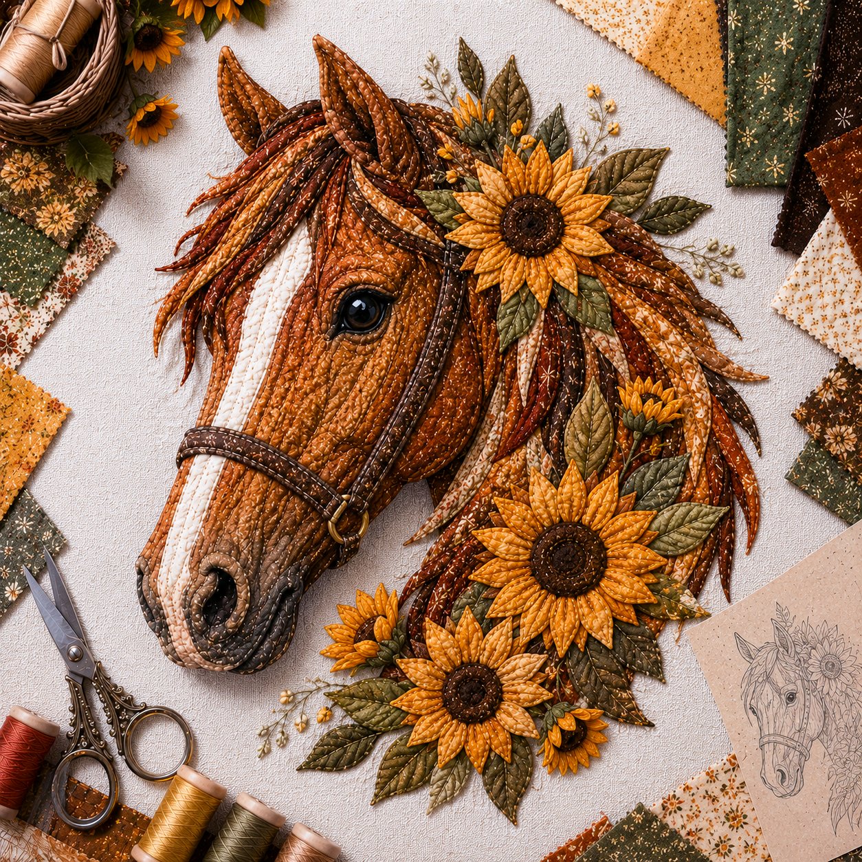 🔥LAST DAY 50% OFF - 🐴 Floral Horse Patchwork Fabric DIY Decor Kit — Handmade Fabric Horse Art with Flowers, Nature & Rustic Charm