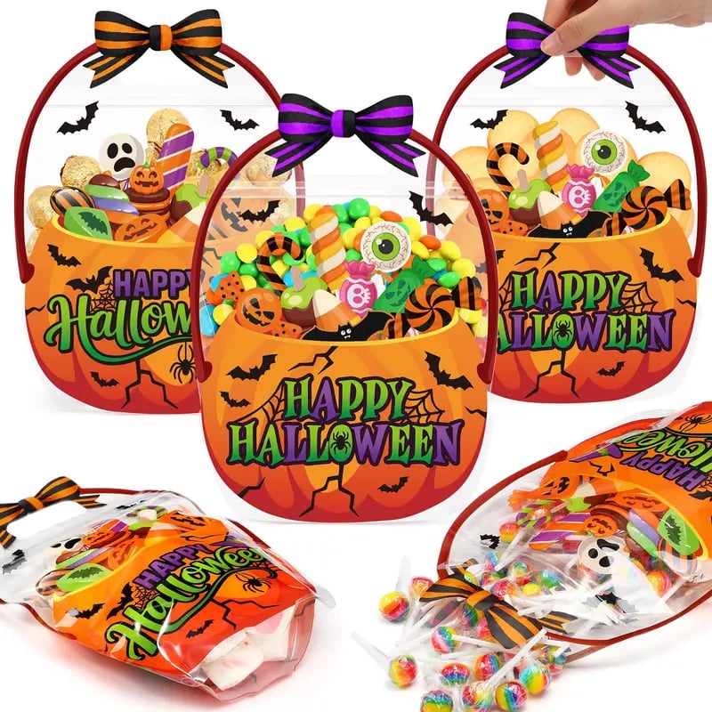 🔥Last Day 50% OFF - 50 Pcs Halloween Favor Bags Transparent Pumpkin Sealed Pouches🍬