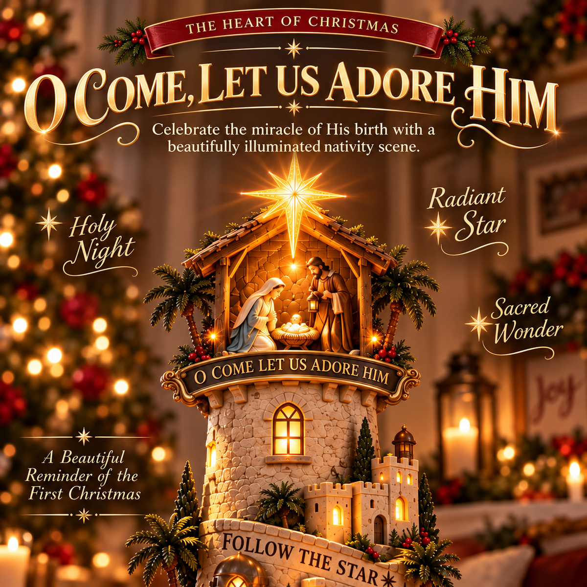 O Come Let Us Adore Him illuminated Nativity scene