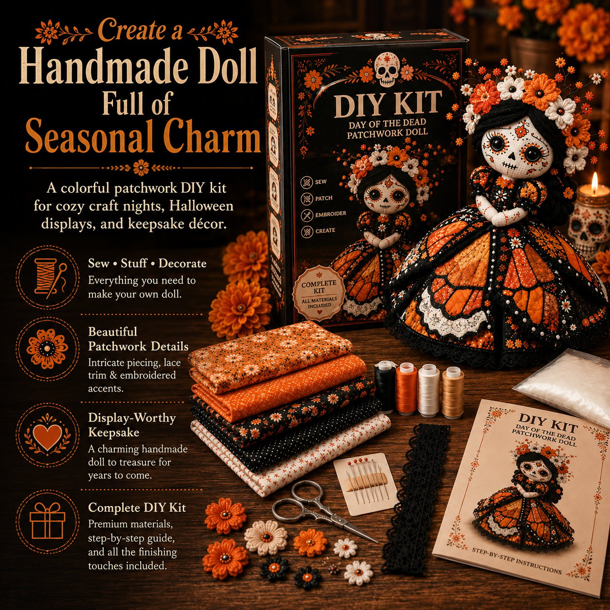🔥 Day of the Dead Patchwork Doll DIY Kit | Handmade Fabric Craft with Floral Details