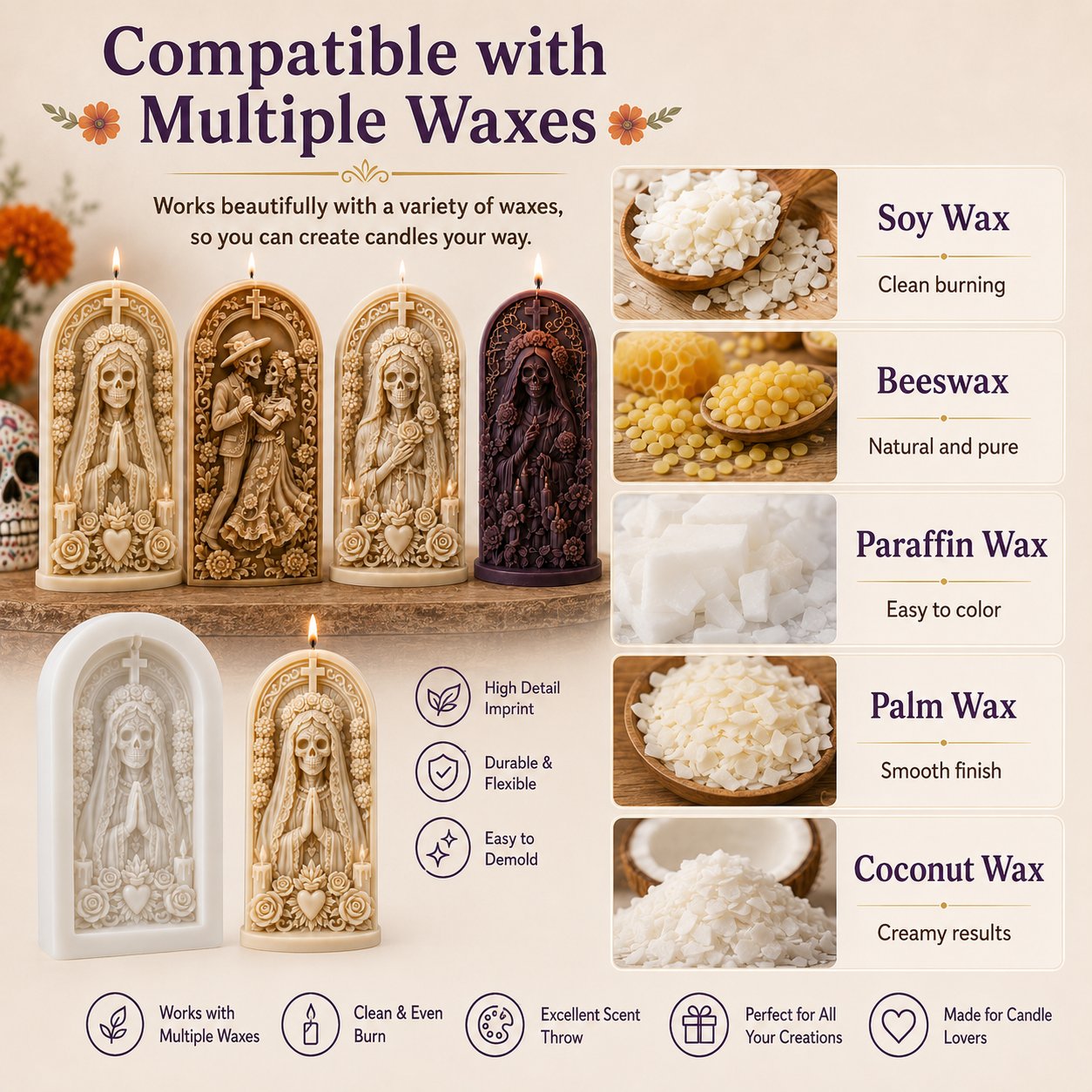 ⏳ Last Day 49% OFF – 💀 4-Piece Día de los Muertos 3D Relief Candle Mold Set | Detailed Skeleton, Floral & Arched Designs for Handmade Decorative Candles 🕯️✨