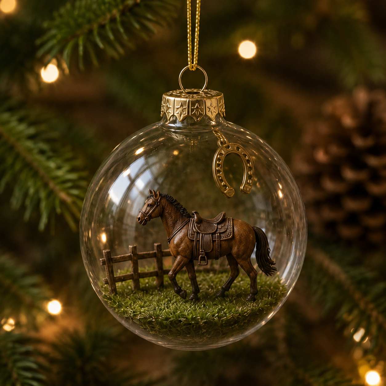 Western horse ornament hanging on Christmas tree