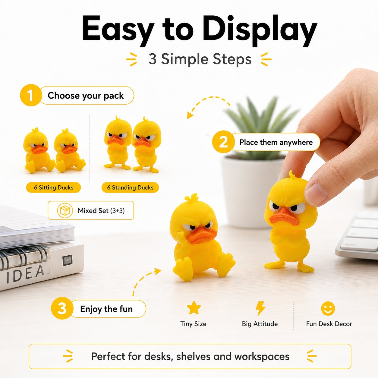 Angry Duck figurines arranged as miniature desk decoration