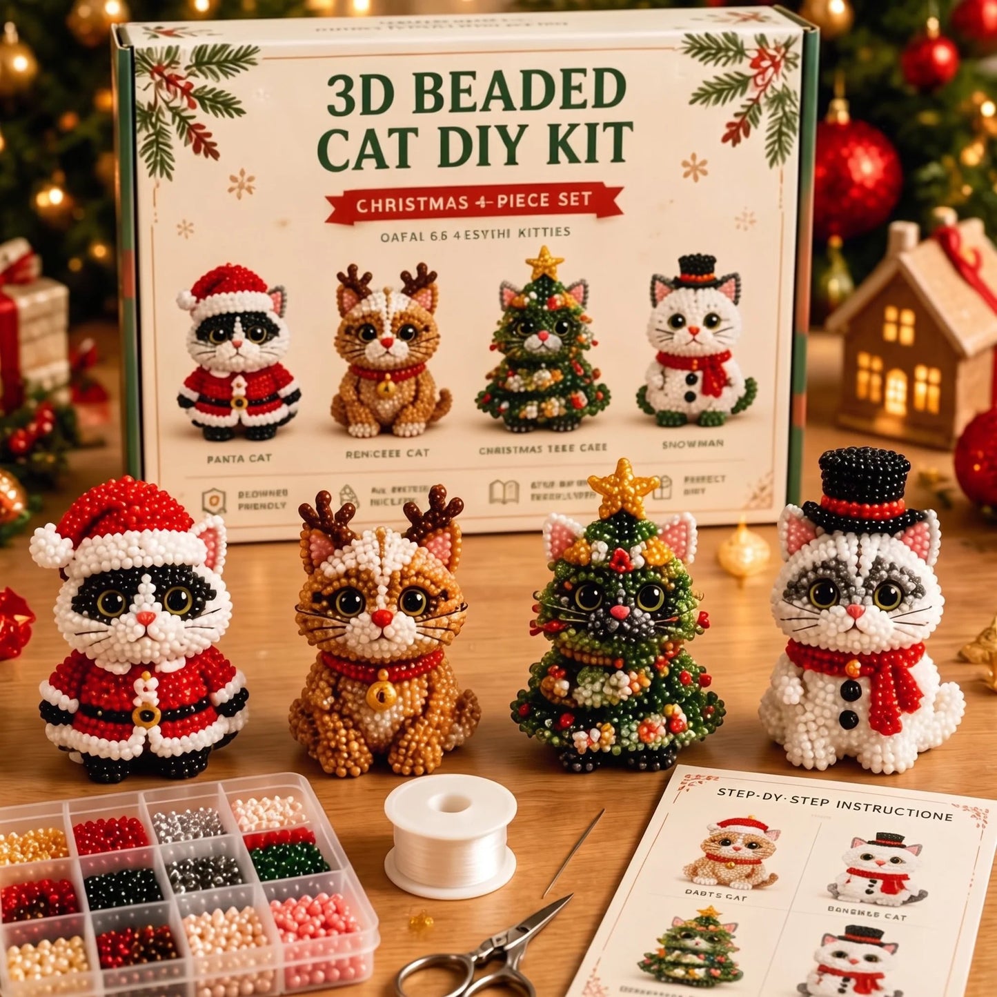 🎄DIY 3D Christmas Beaded Ornament Kit | Complete 4-Piece Set with Glass Beads, All Tools & Step-by-Step Guide Included 💕