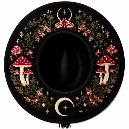 🖤 Gothic Embroidered Wide Brim Fedora Hat | Black Felt Design with Detailed Underside Embroidery in 7 Witchy, Celestial & Halloween Styles 🌙
