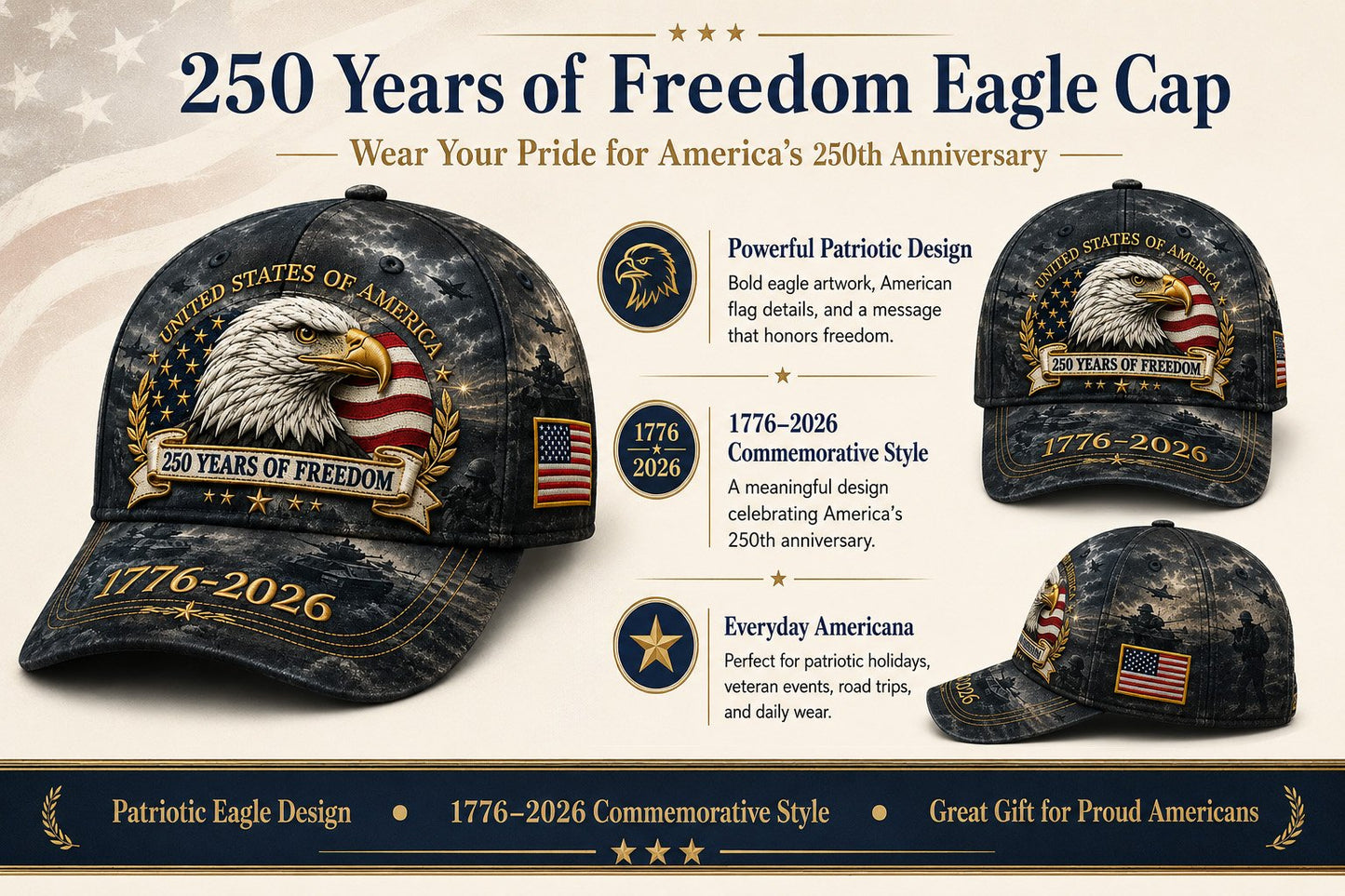 ✨2026 Ahlwomax®250 Years of Freedom Eagle Cap | Embroidered Patriotic Vintage Baseball Hat – 1776–2026 American Tribute Edition