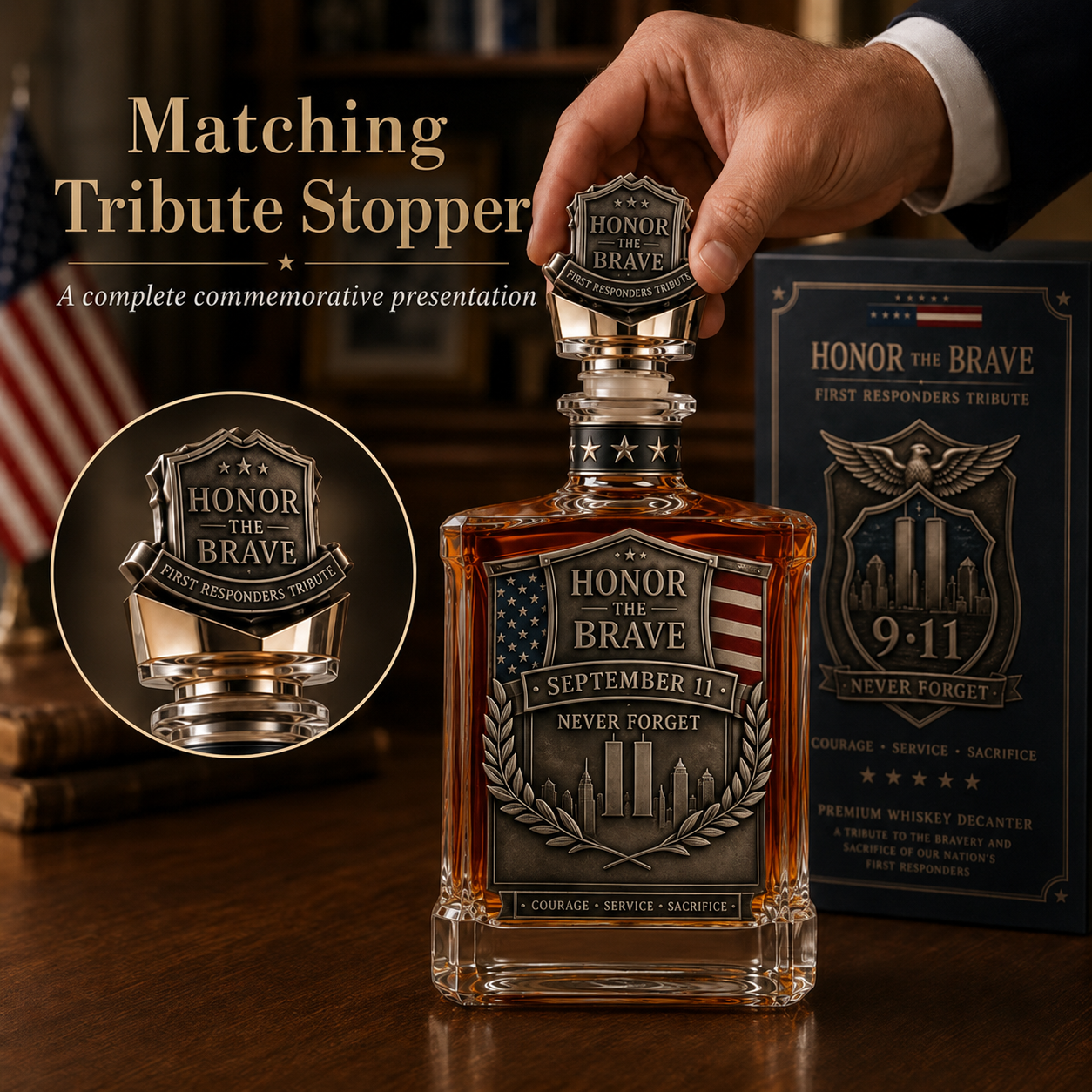 Honor the Brave Relief Decanter & Emblem – Hero Commemorative Ornament for Home Bar Display