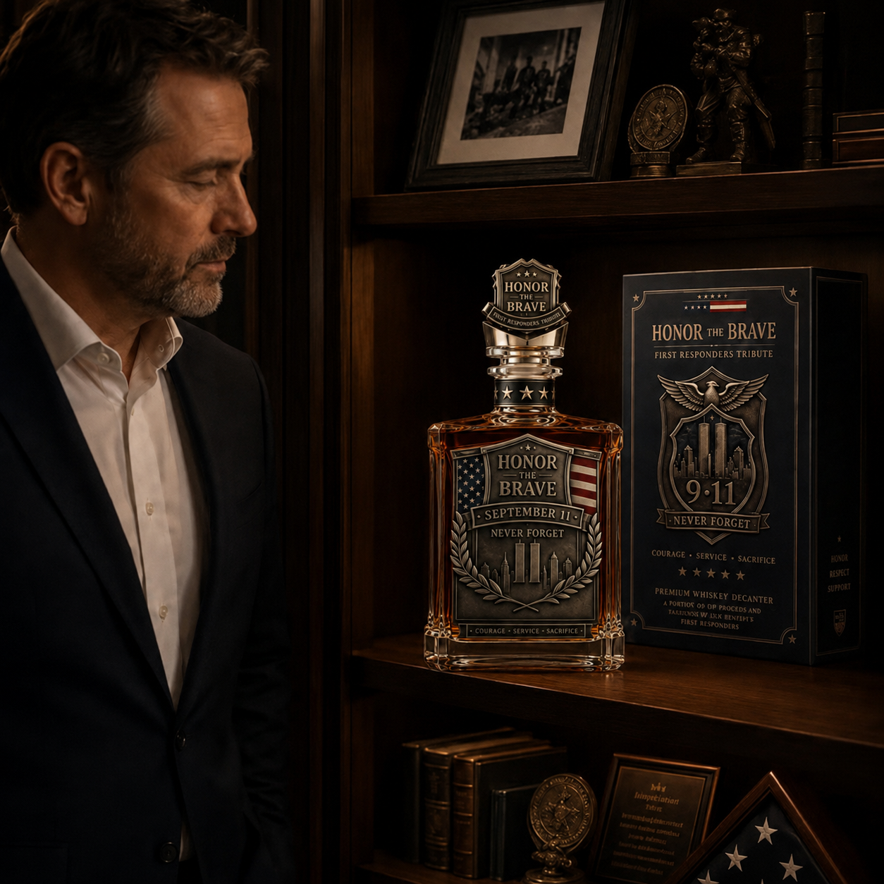 Honor the Brave Relief Decanter & Emblem – Hero Commemorative Ornament for Home Bar Display