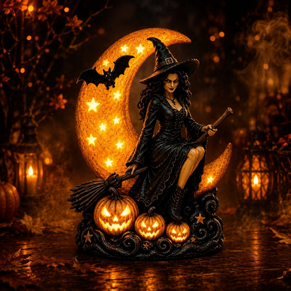 🔥🎃40% OFF Lighted Witch on Crescent Moon with Pumpkins LED Halloween Tabletop Lamp