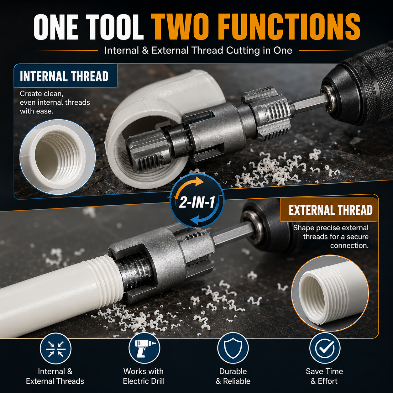 Drill-Powered Pipe Thread Cutting Bit — Internal & External Threading for 1/2' & 3/4' Plastic Pipes