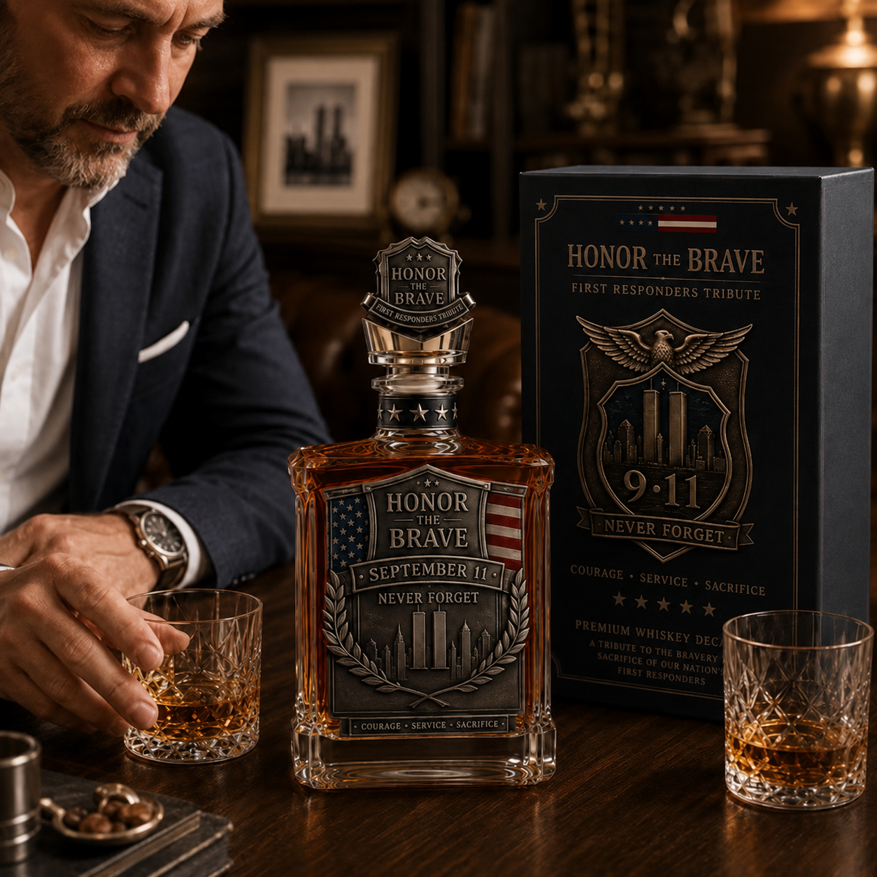 Honor the Brave Relief Decanter & Emblem – Hero Commemorative Ornament for Home Bar Display