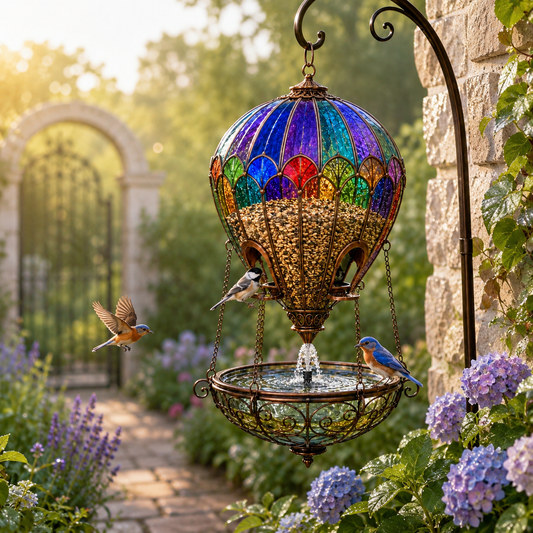 🌈 Stained Glass Hot Air Balloon Bird Feeder Fountain🐦