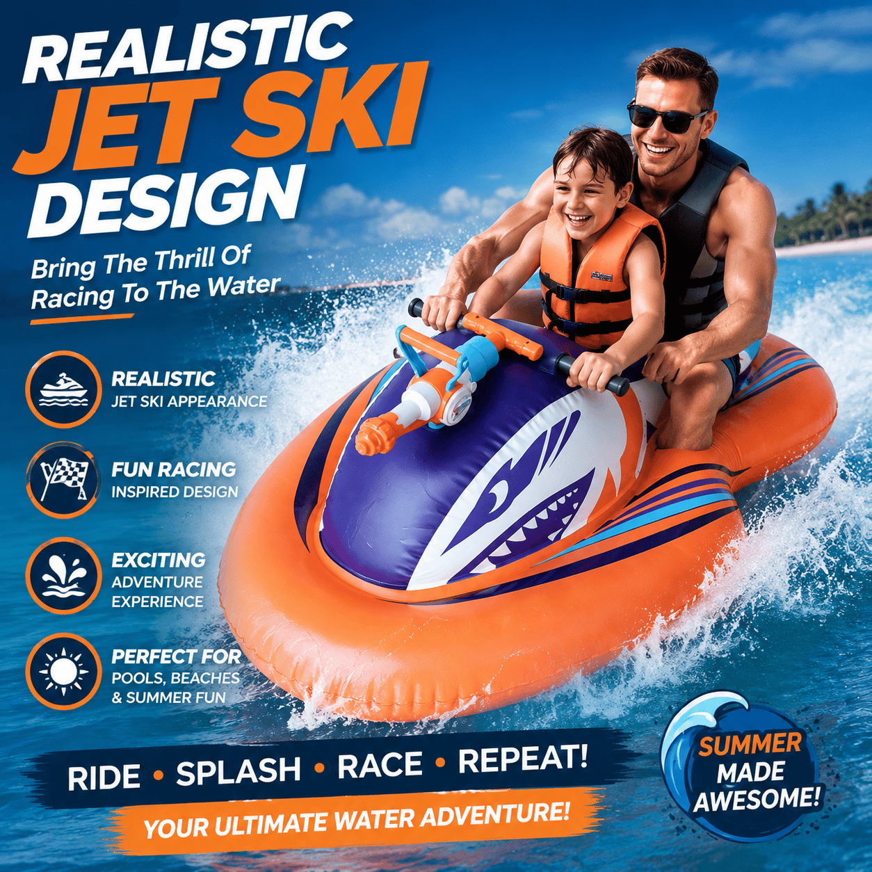 🏆2026 Upgraded 60% OFF🌊 2-in-1 Shark Inflatable Jet Water Ski🚤 Built-in Water Gun