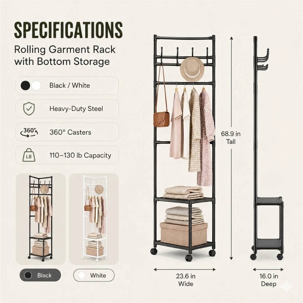 Multi-Functional Rolling Garment Rack with Bottom Storage
