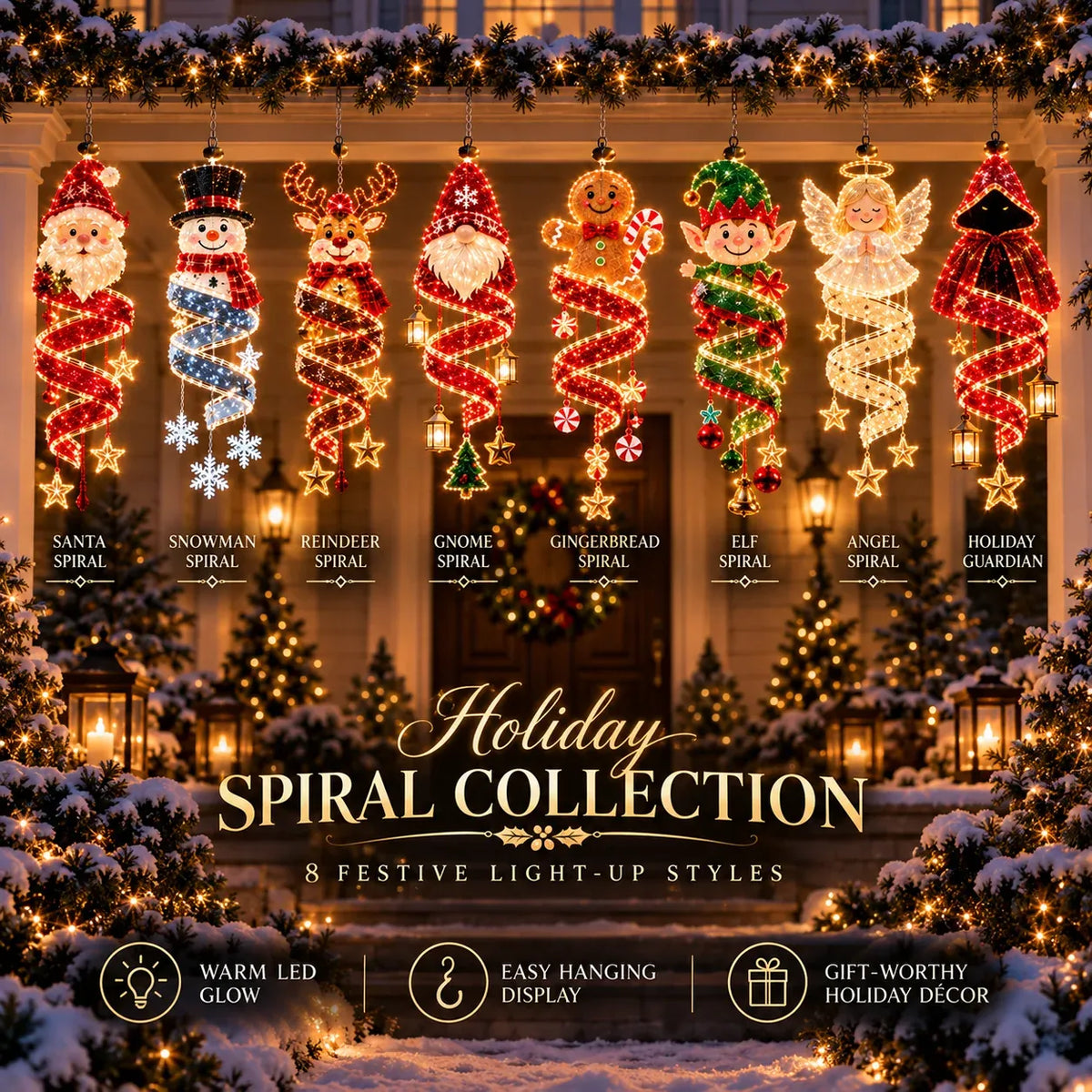 🎅Christmas Magic Spira Hanging LED Light Collection – 9 Festive Designs ✨ | Suspended Glowing Characters with Spiral Lights & Hanging Details for Porches, Windows, Entryways & Holiday Displays