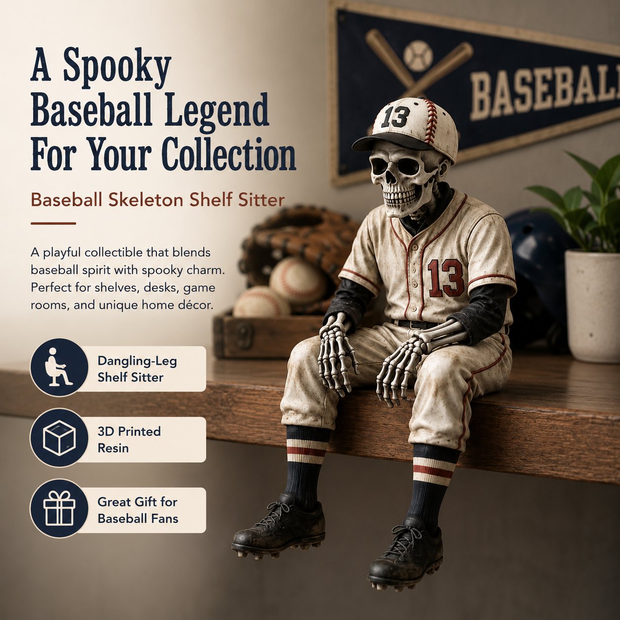 ⚾ Baseball Skeleton Shelf Sitter – He Stayed in the Game a Little Too Long 💀