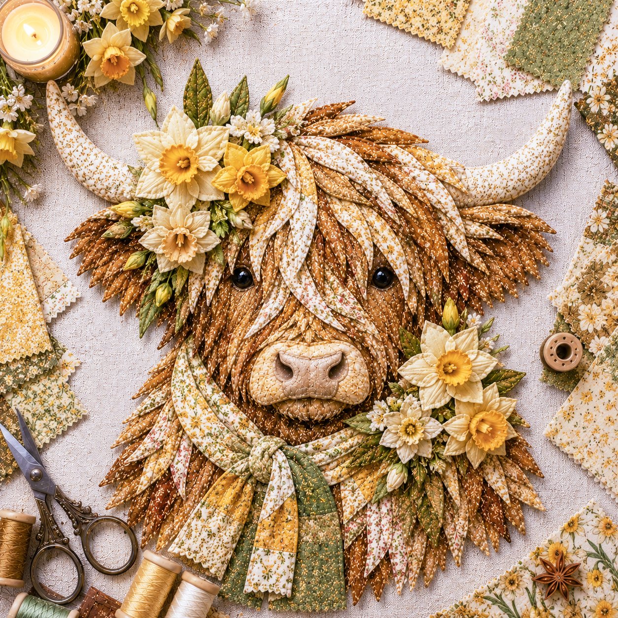 🐮💐🌸 Birth Flower Highland Cow 3D Layered Fabric Art DIY Kit (Beginner-friendly) 🔥