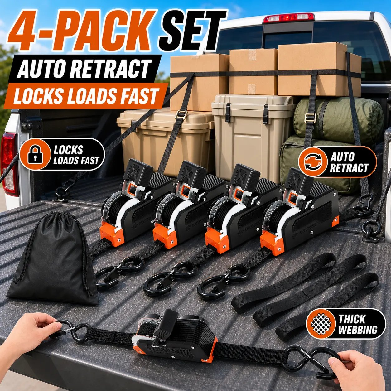 Dual-End Retractable Tie-Down Ratcheting Straps