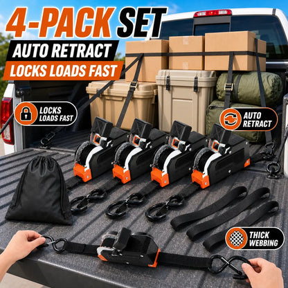 Dual-End Retractable Tie-Down Ratcheting Straps