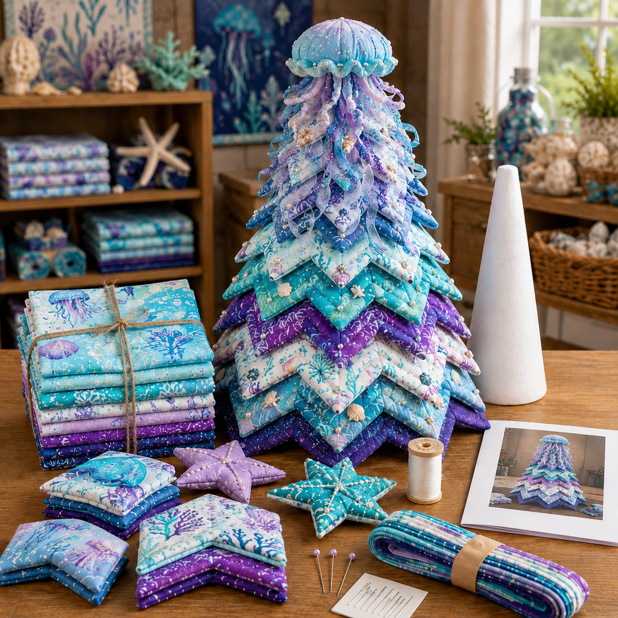 🌊 Ocean Dreams Layered Fabric Tree Craft Kit | Create a Freestanding Coastal Centerpiece with Coordinated Fabrics & Marine Topper 🐚✨