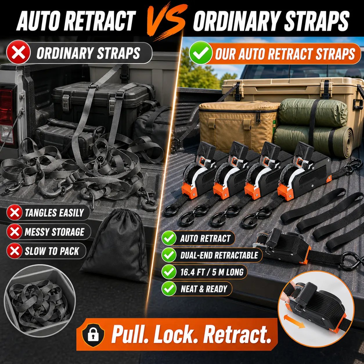 Dual-End Retractable Tie-Down Ratcheting Straps