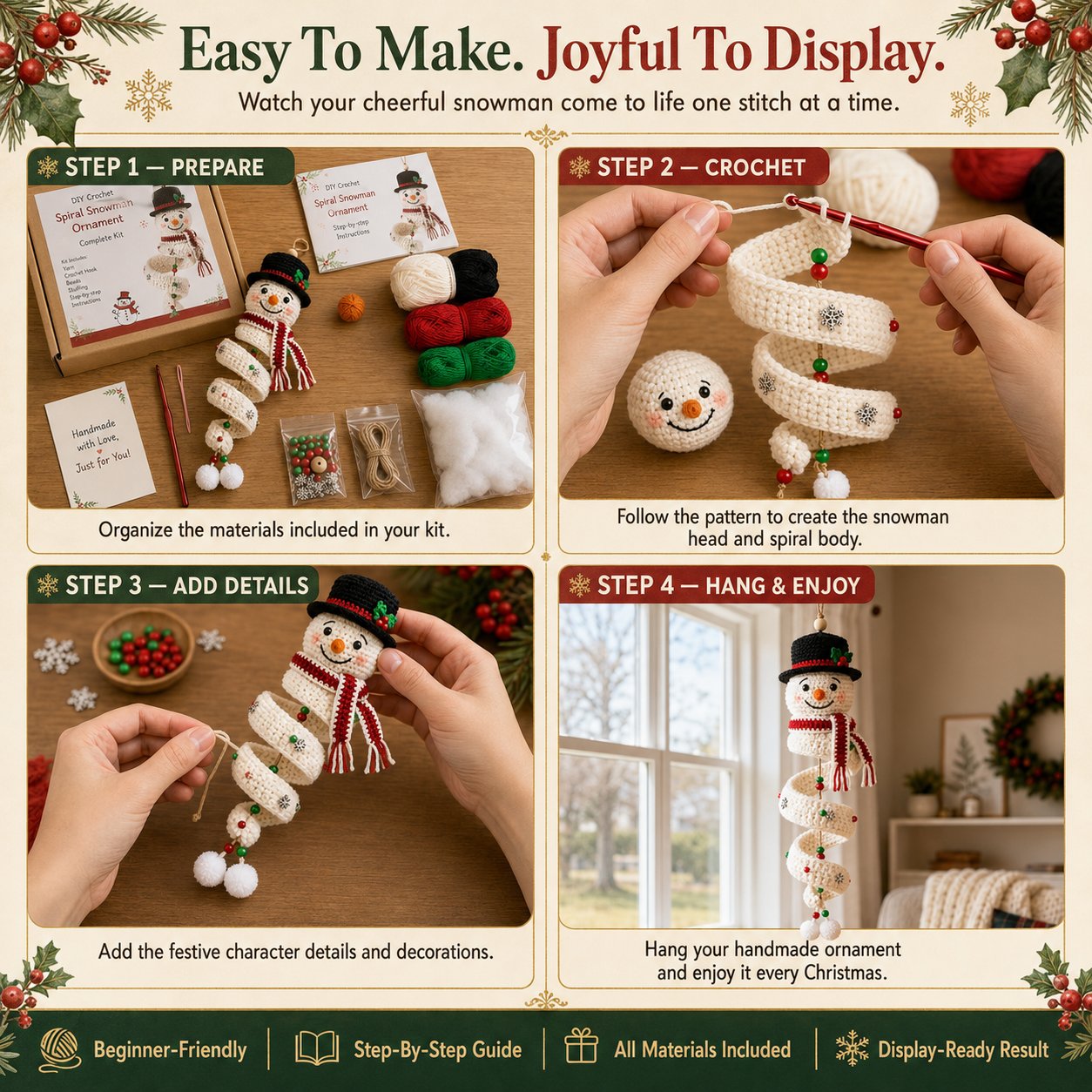 🔥 Limited Time Sale 49% OFF – ☃️ Crochet Snowman Spiral Ornament DIY Kit | Complete Beginner-Friendly Set with Soft Yarn, Crochet Hook, Festive Beads, Snowflakes & Step-by-Step Guide 🧶🎄✨