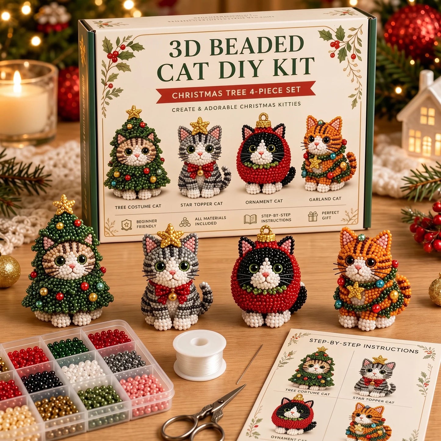 🎄DIY 3D Christmas Beaded Ornament Kit | Complete 4-Piece Set with Glass Beads, All Tools & Step-by-Step Guide Included 💕