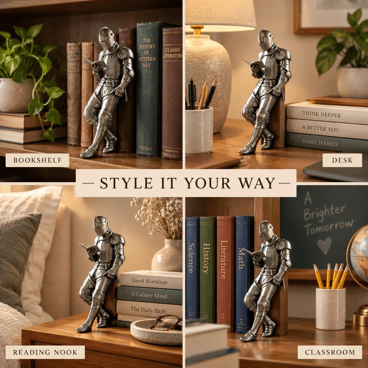 ⚔️ Reading Knight Bookshelf Statue | Medieval Fantasy Bookend Décor