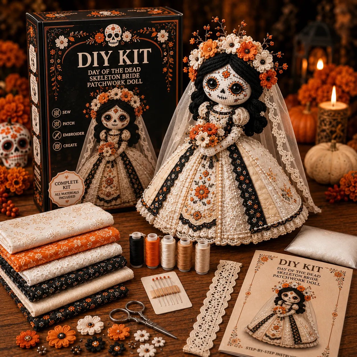 🔥 Day of the Dead Patchwork Doll DIY Kit | Handmade Fabric Craft with Floral Details