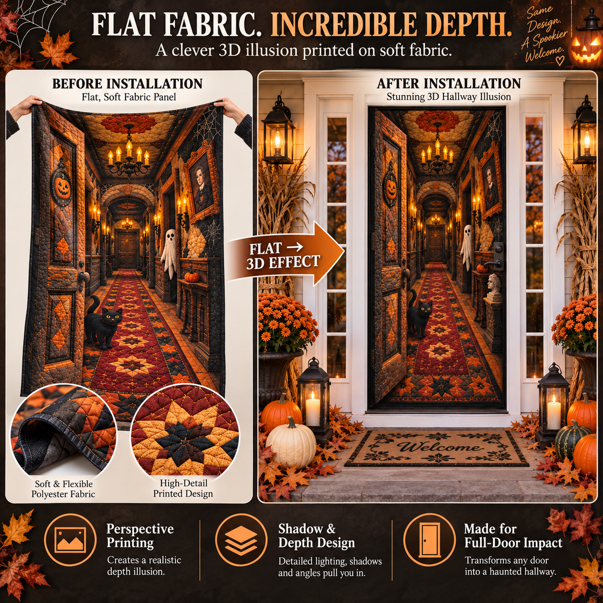 🎃 50% OFF 3D Halloween Illusion Door Cover – Quilt-Inspired Haunted Hallway Decor