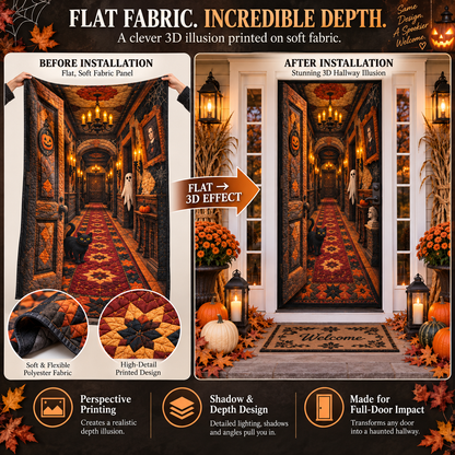 🎃 50% OFF 3D Halloween Illusion Door Cover – Quilt-Inspired Haunted Hallway Decor