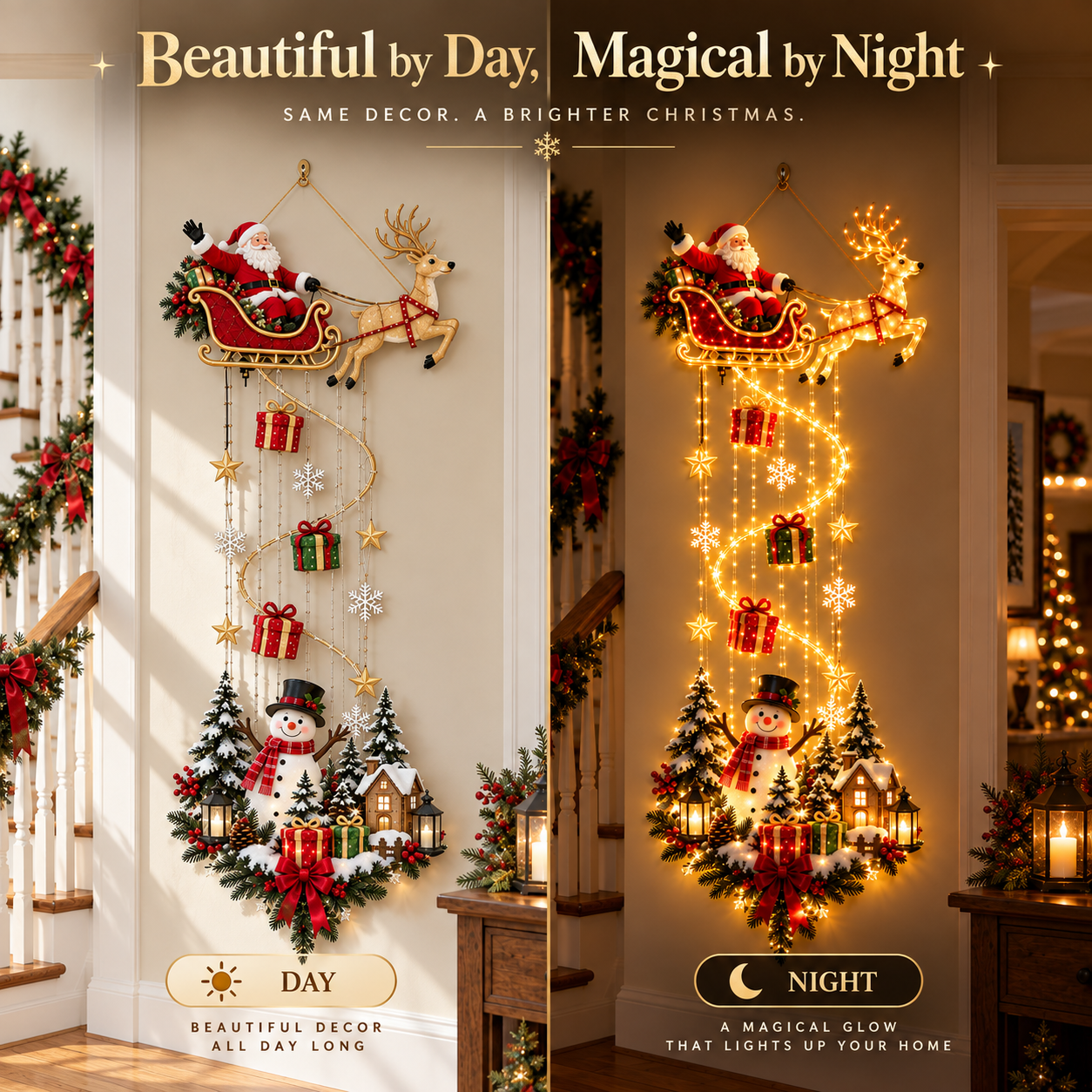 Santa's Magical Gift Trail shown in daylight and at night