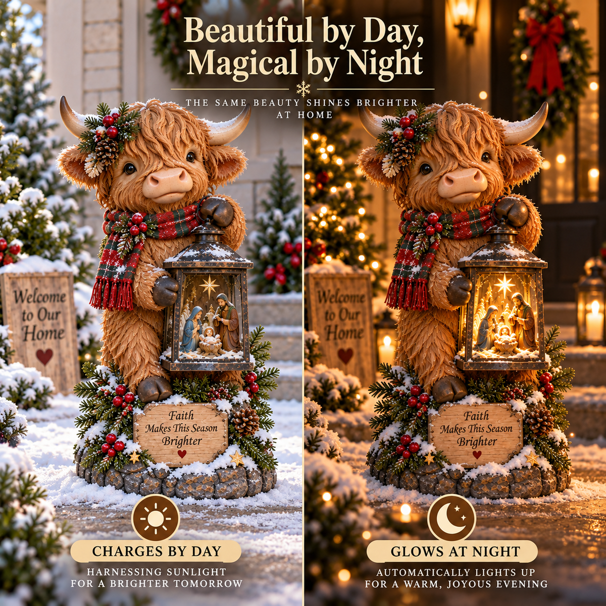 🐮✨ Highland Cow Nativity Lantern™ – Solar Lighted Christmas Porch & Garden Decor ✝️🎄