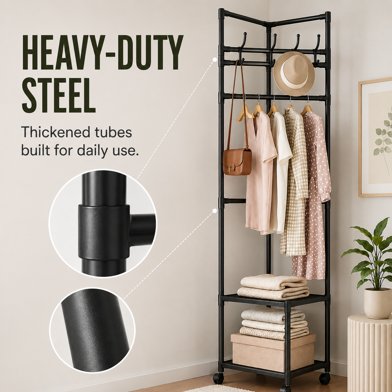 Multi-Functional Rolling Garment Rack with Bottom Storage