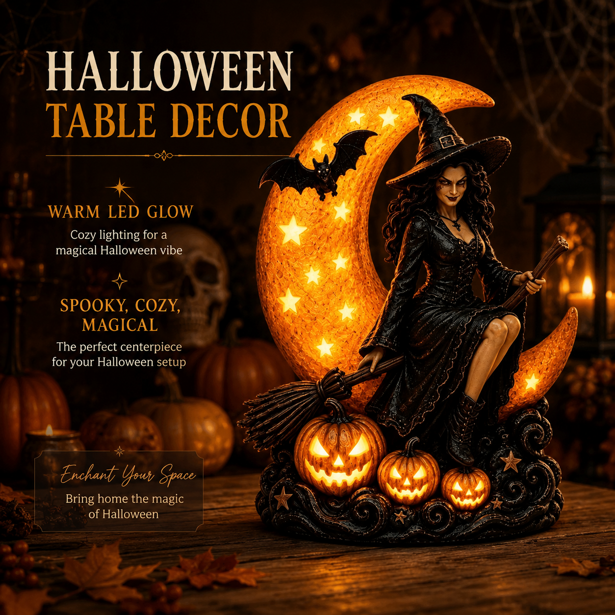 🔥🎃40% OFF Lighted Witch on Crescent Moon with Pumpkins LED Halloween Tabletop Lamp