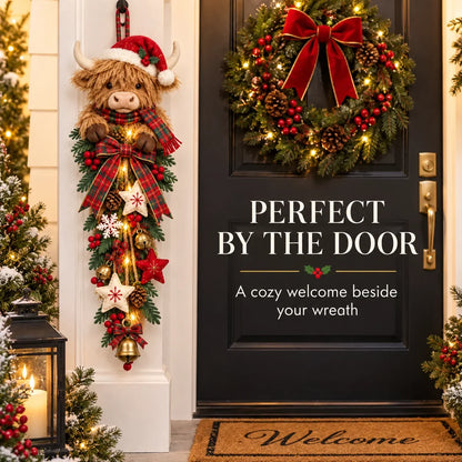 🎄 Lighted Highland Cow Christmas Door Swag – A Cozy Holiday Welcome