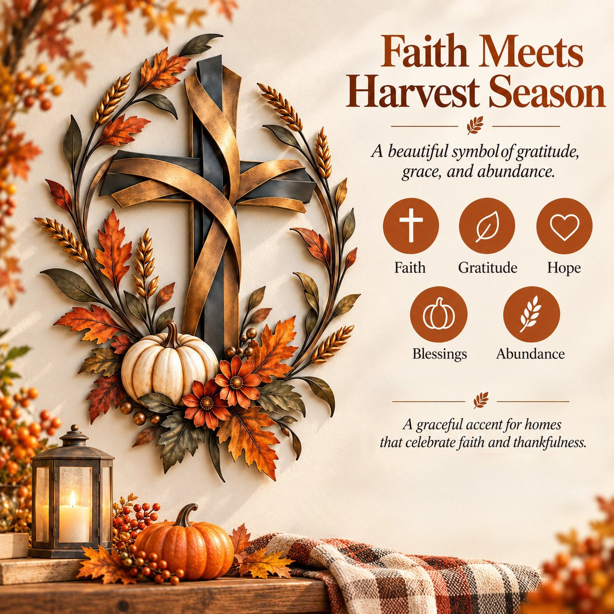 ✝️🍂 Autumn Cross & Pumpkin Harvest Metal Wall Decor