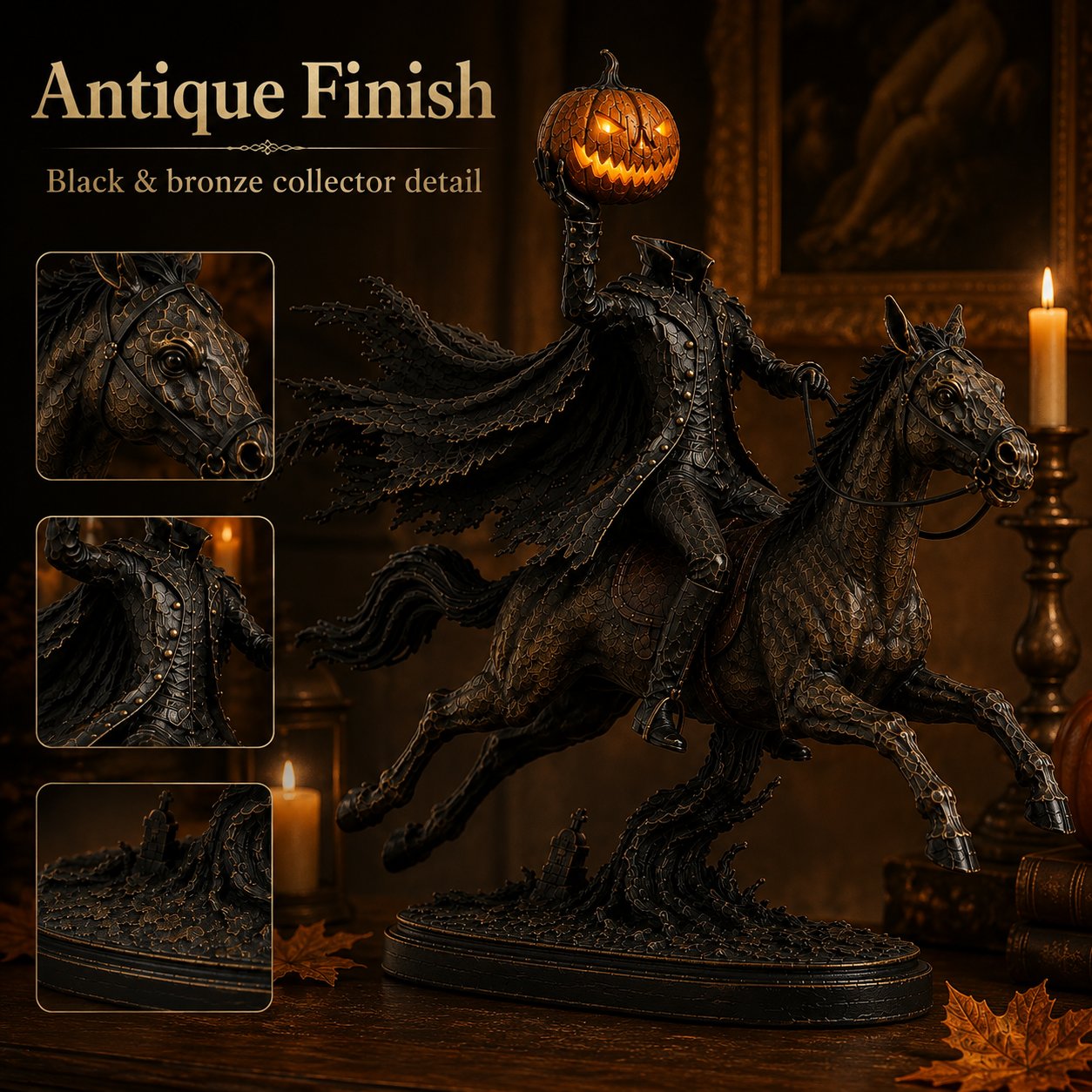 Antique black and bronze finish detail
