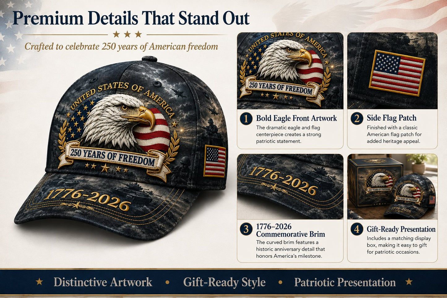 ✨2026 Ahlwomax®250 Years of Freedom Eagle Cap | Embroidered Patriotic Vintage Baseball Hat – 1776–2026 American Tribute Edition