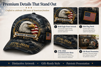 ✨2026 Ahlwomax®250 Years of Freedom Eagle Cap | Embroidered Patriotic Vintage Baseball Hat – 1776–2026 American Tribute Edition