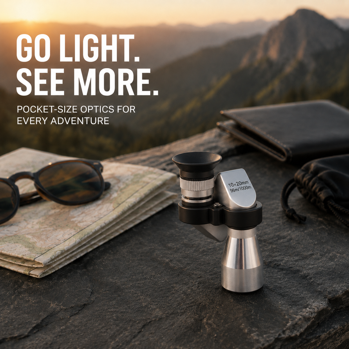 Silver pocket monocular resting beside a folded map and sunglasses at a mountain overlook