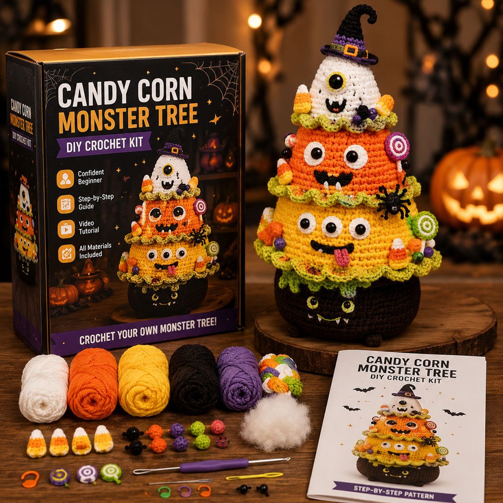 🔥 LAST DAY 49% OFF – 🎃 Halloween Tree DIY Crochet Kit | All-In-One Kit for a Layered 7-Inch Spooky Tabletop Decoration 🧶👻✨