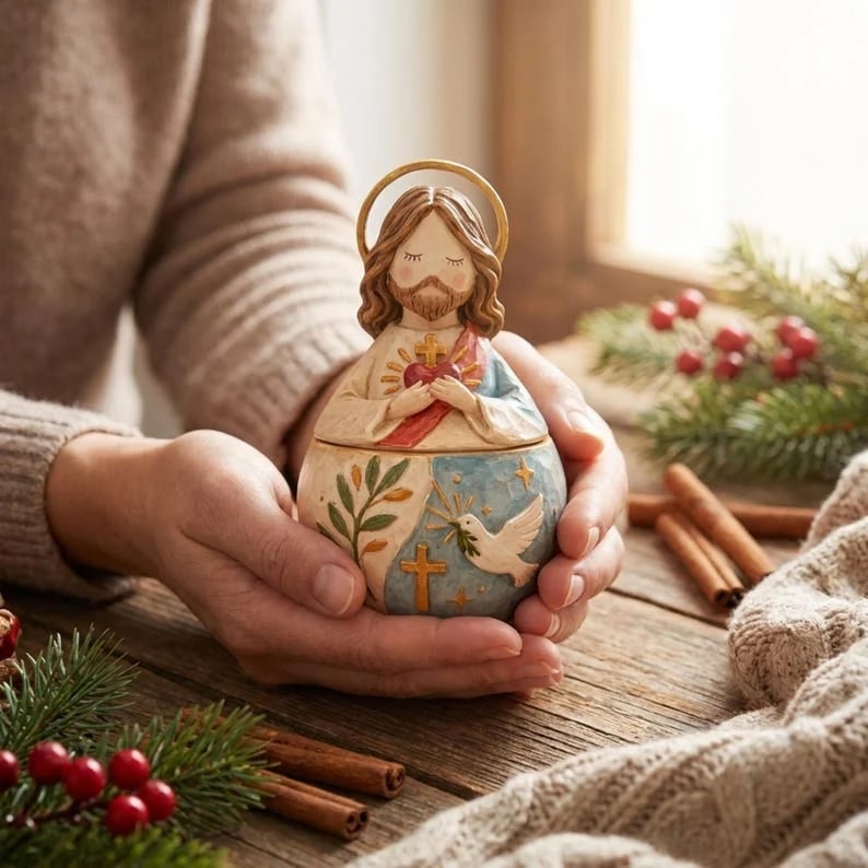 ✨ Divine Grace Collection: Hand-Painted Sacred Heart Jesus & Blessed Mary Keepsake Box