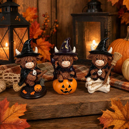 🎃Halloween Highland Cow Witch Ornament – Spooky-Cute Tabletop Decor for Mantel, Shelf & Candy Station