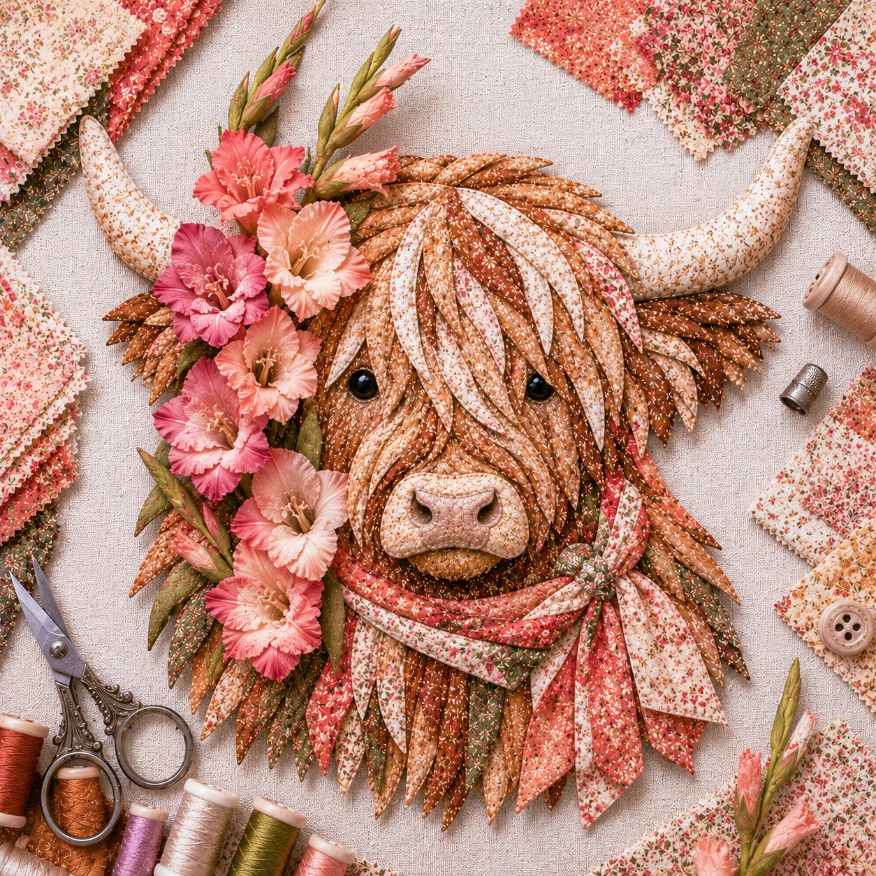 🐮💐🌸 Birth Flower Highland Cow 3D Layered Fabric Art DIY Kit (Beginner-friendly) 🔥 Buy 2 Free 1