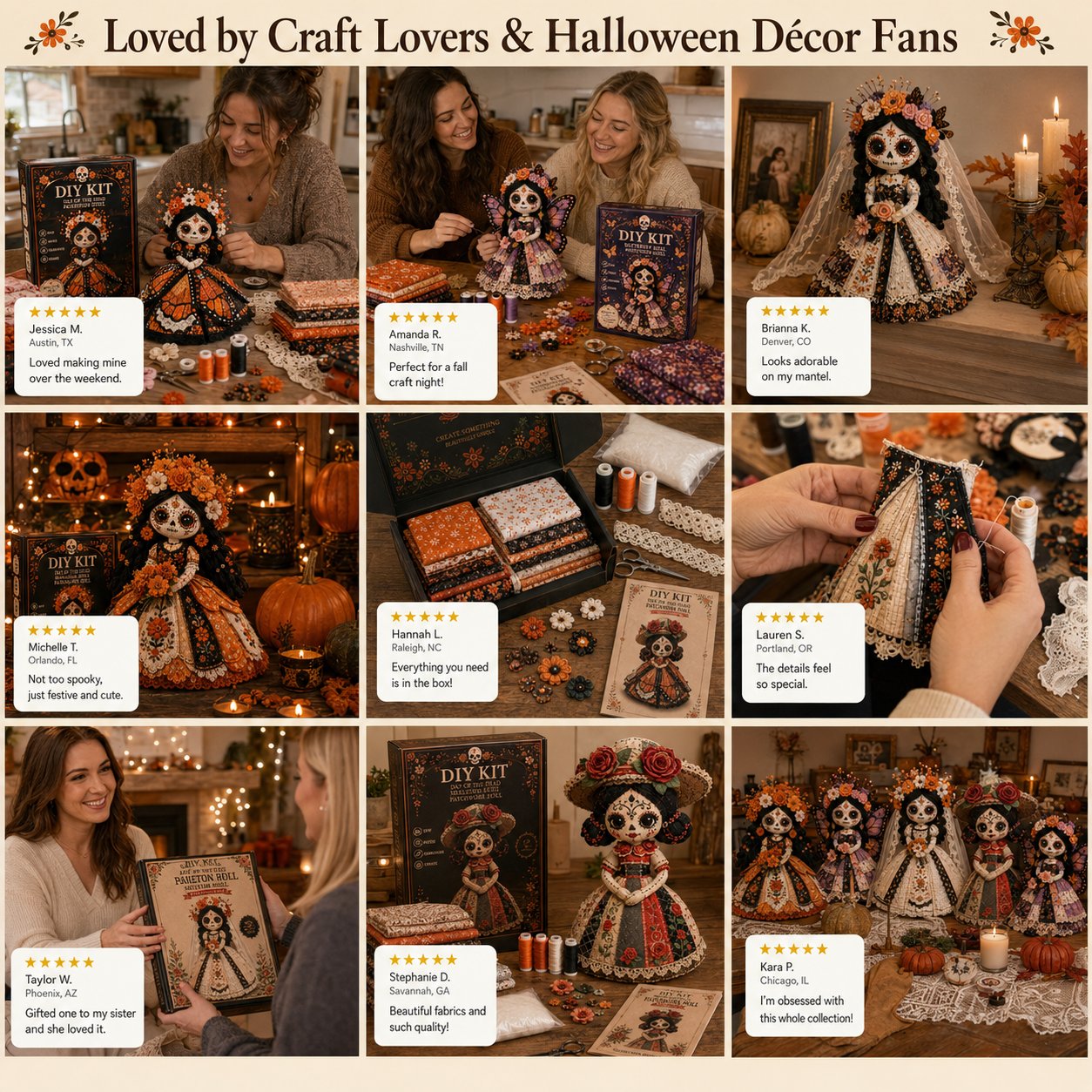 🔥 Day of the Dead Patchwork Doll DIY Kit | Handmade Fabric Craft with Floral Details