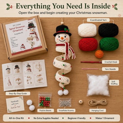 🔥 Limited Time Sale 49% OFF – ☃️ Crochet Snowman Spiral Ornament DIY Kit | Complete Beginner-Friendly Set with Soft Yarn, Crochet Hook, Festive Beads, Snowflakes & Step-by-Step Guide 🧶🎄✨