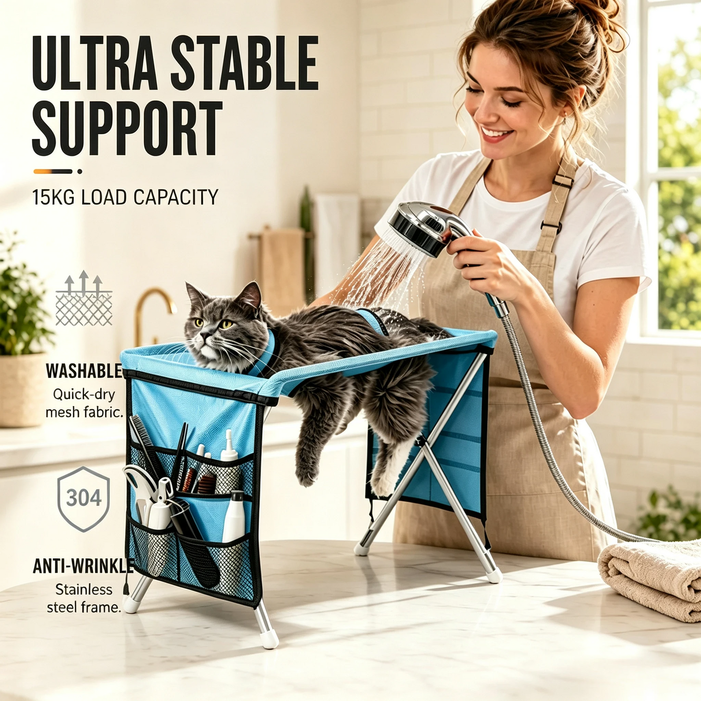 🐾 2-in-1 Foldable Pet Grooming Table – Suspension Hammock & Stable Bath Station