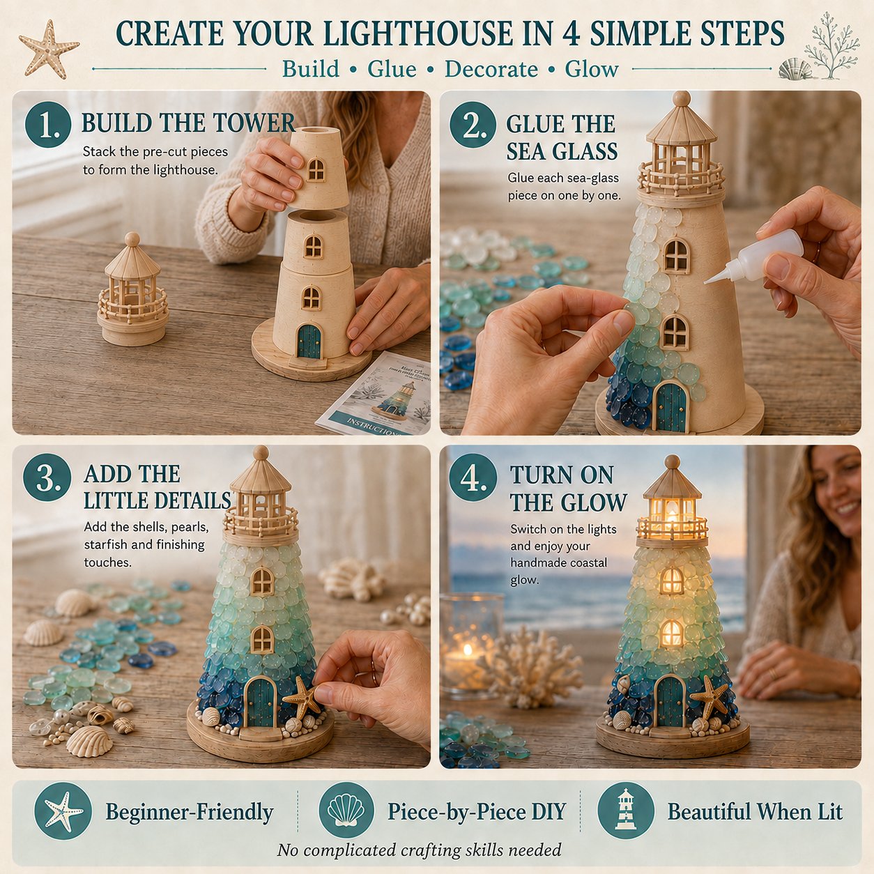 ⏳ Last Day 49% OFF – 🌊 Beginner-Friendly DIY Lighted Sea Glass-Style Lighthouse Kit Collection | Complete Kit with Sea Glass-Style Pieces, LED Lights & Step-by-Step Guide Included 💕